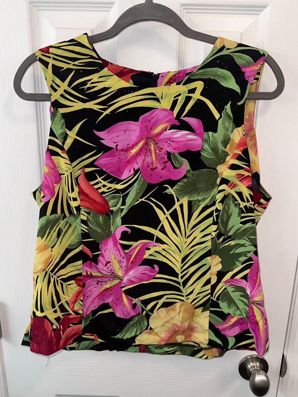Vintage Sleeveless Floral Tropical Print Top - Black with Pink & Green